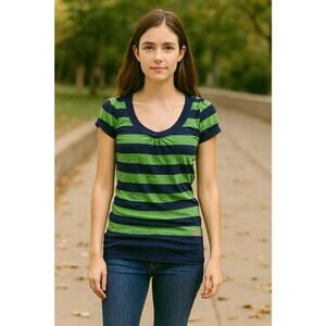 American Eagle Y2K Vintage Striped Puff Sleeve Scoop Neck Top Blue Green XS 90s
